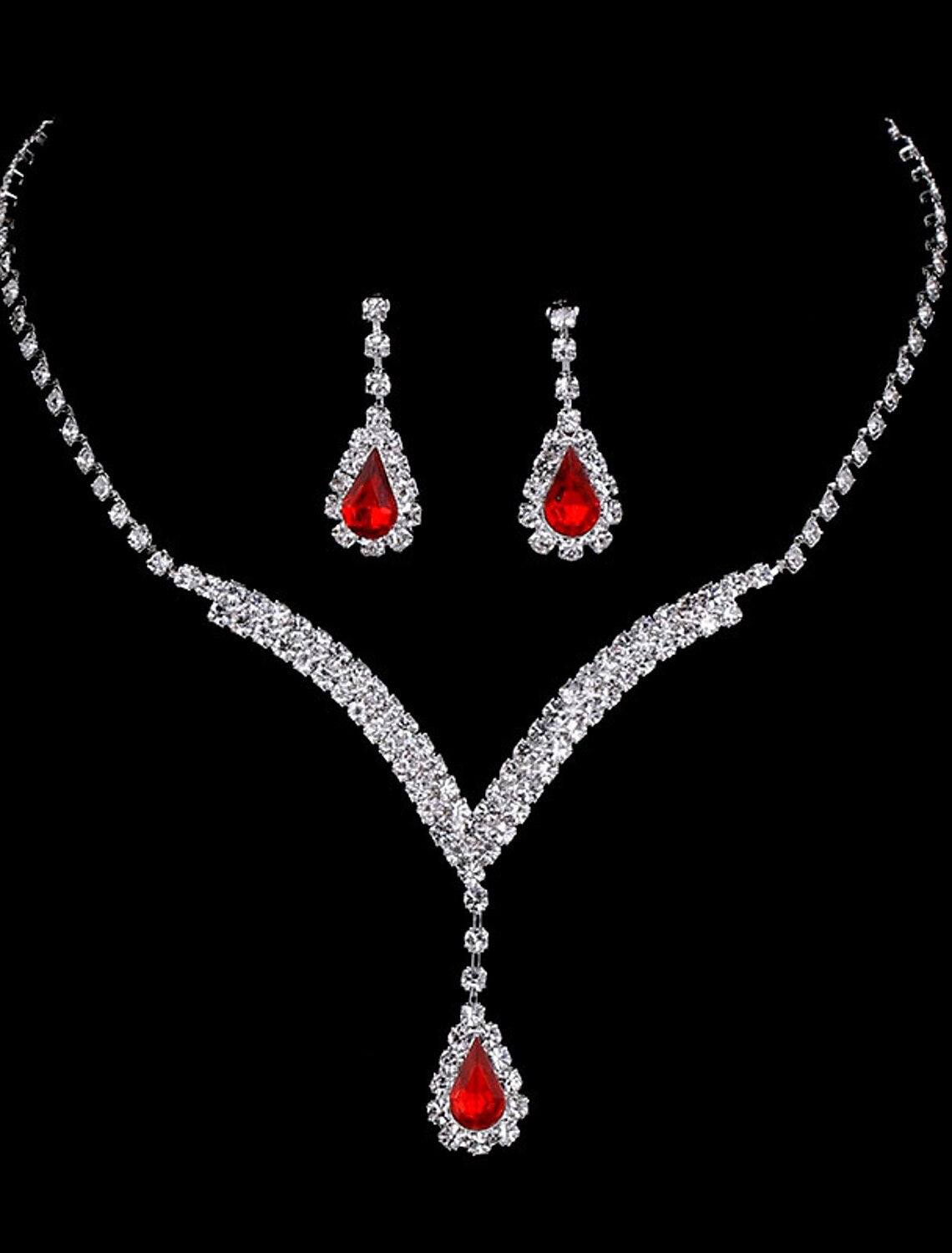 Side view of a woman wearing the sparkling bridal jewelry set.
