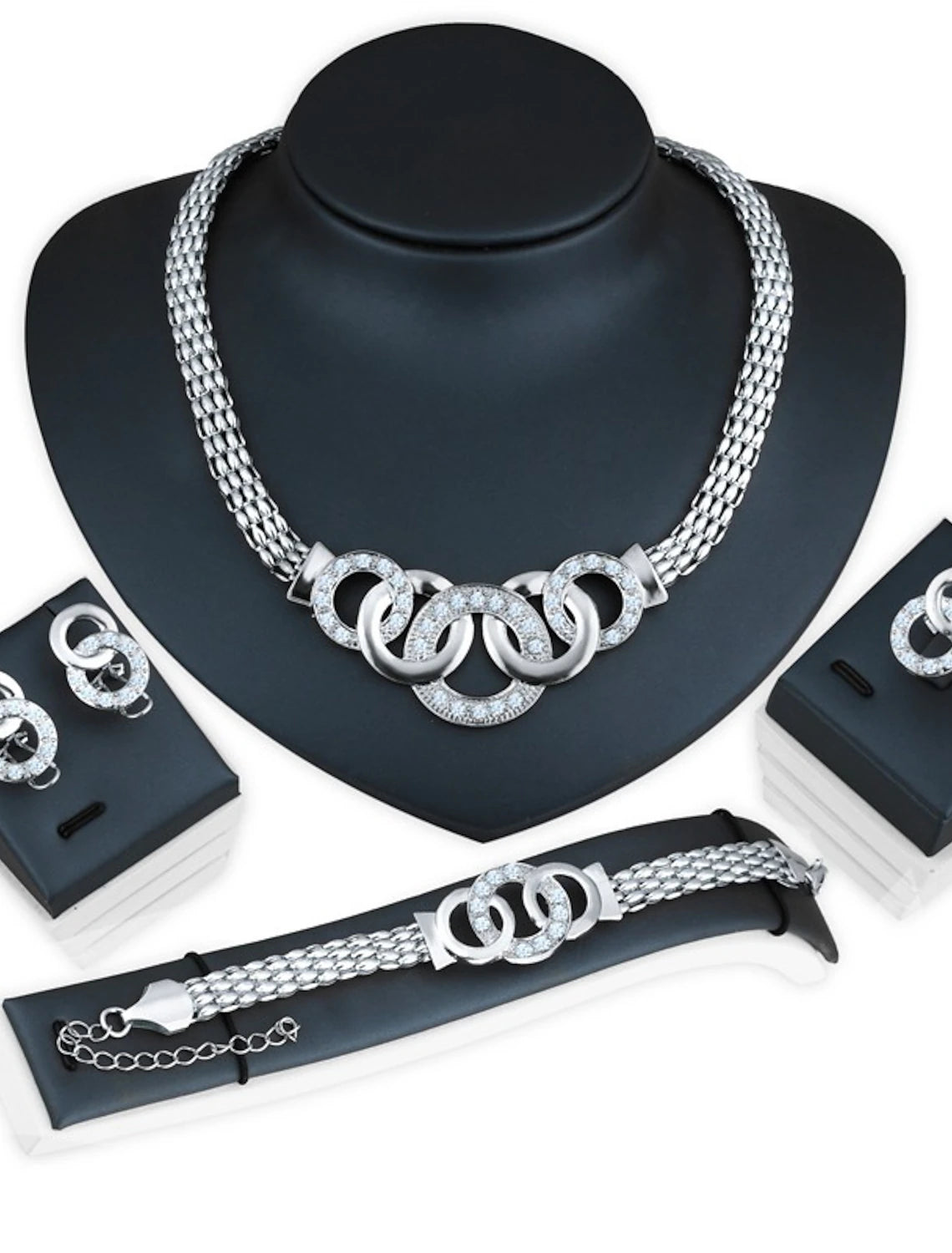 Close-up of a rhinestone chrome jewelry set, ideal for special occasions.