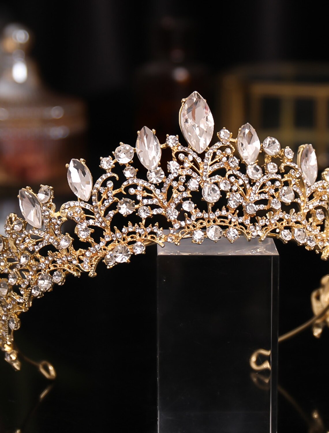 Elegant rhinestone crystal headpiece from a side view.