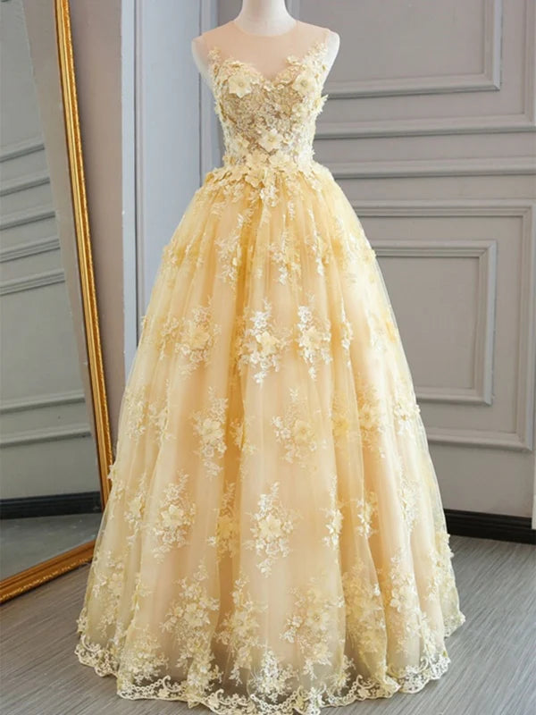 Elegant light blue formal prom gown with round neck and lace appliques.