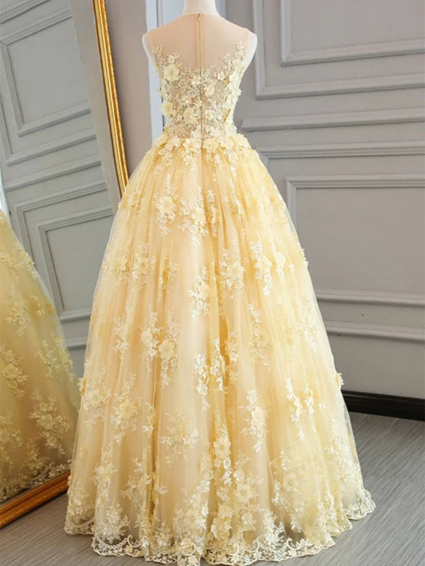 Back view of a light blue formal prom gown featuring lace appliques.