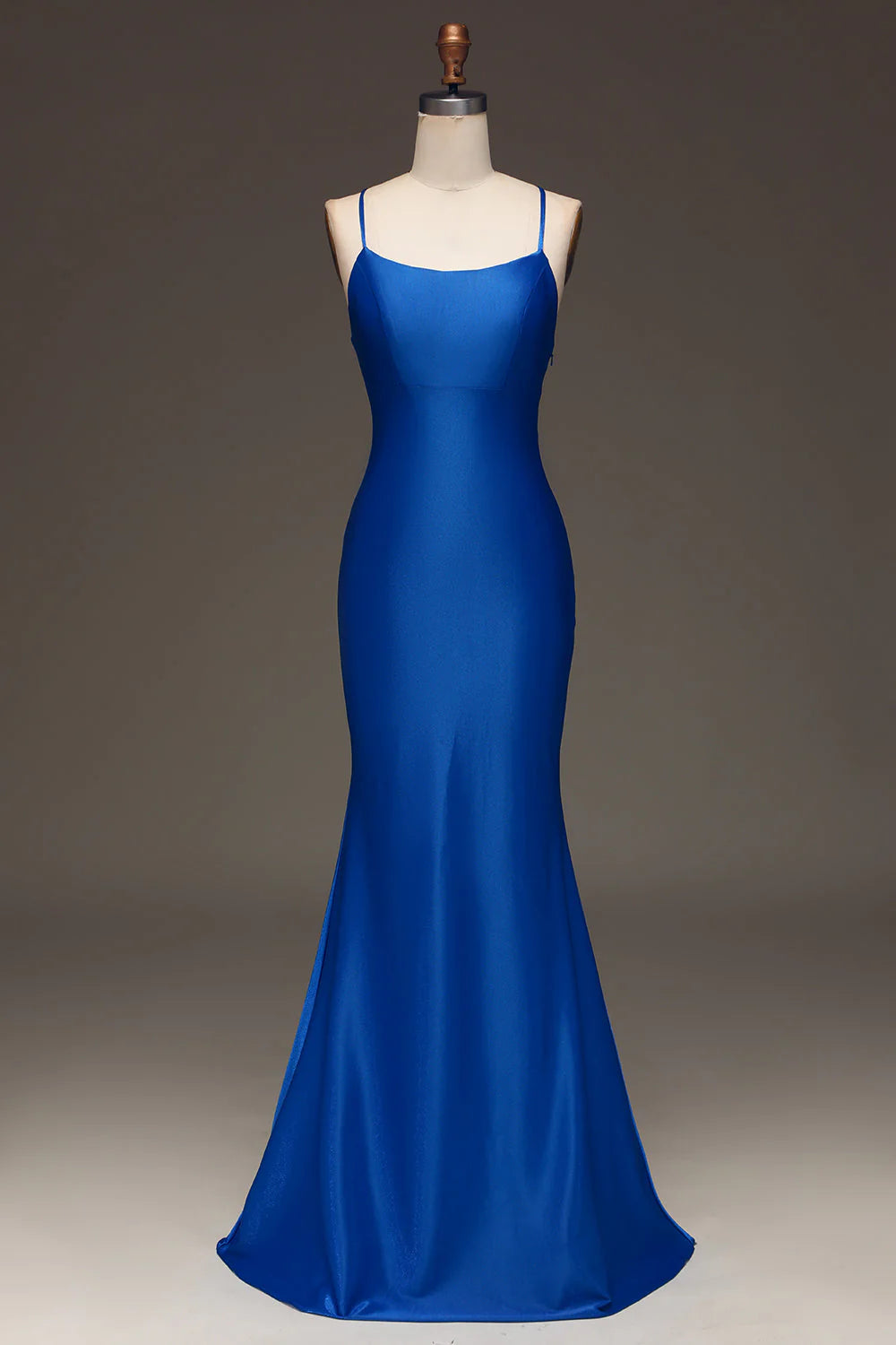 Elegant royal blue mermaid satin prom dress, front view.