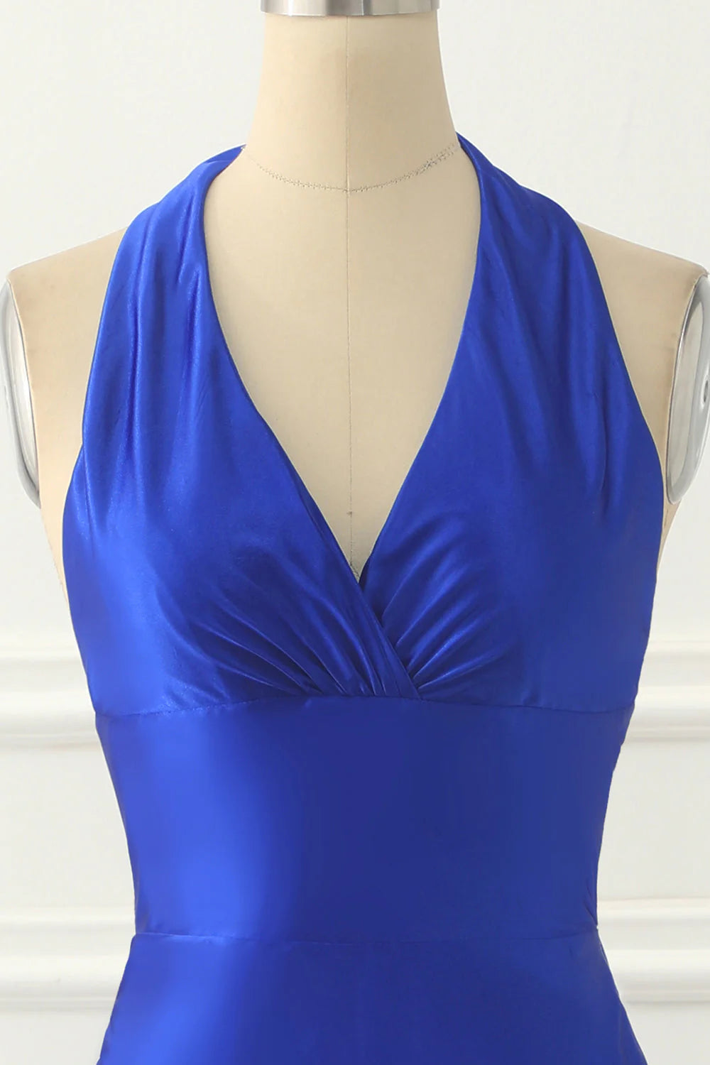 Back view of the royal blue satin prom dress, highlighting the elegant silhouette.