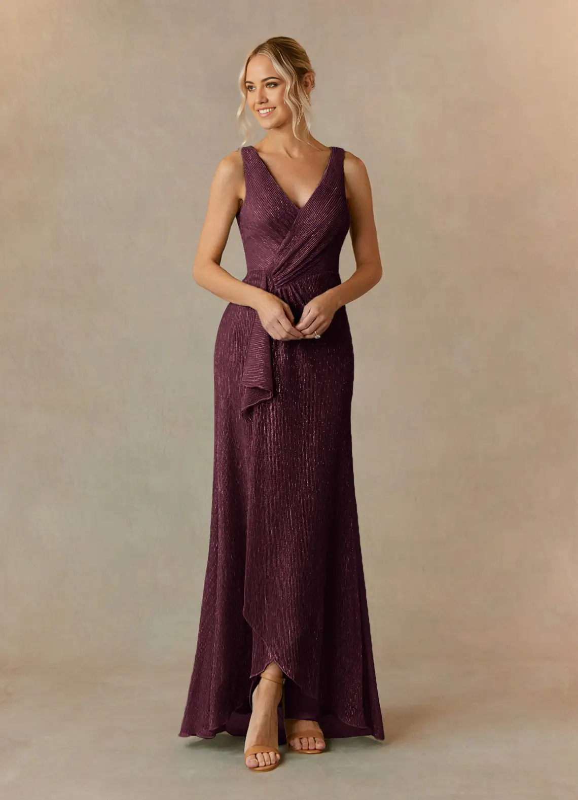 Elegant mulberry A-line V-neck ruched mother of the bride dress, front view.