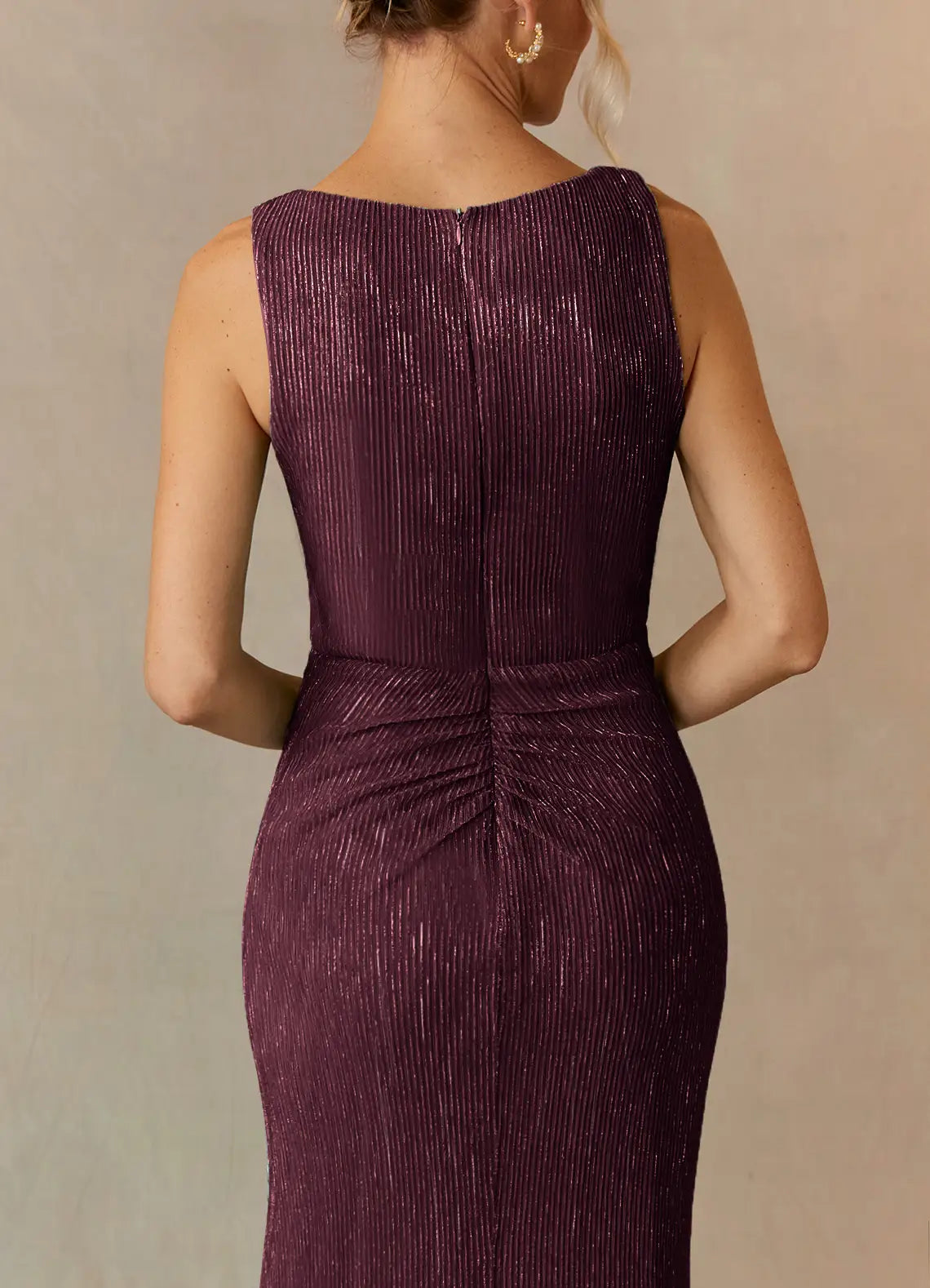 Back view of the mulberry A-line V-neck ruched formal dress.