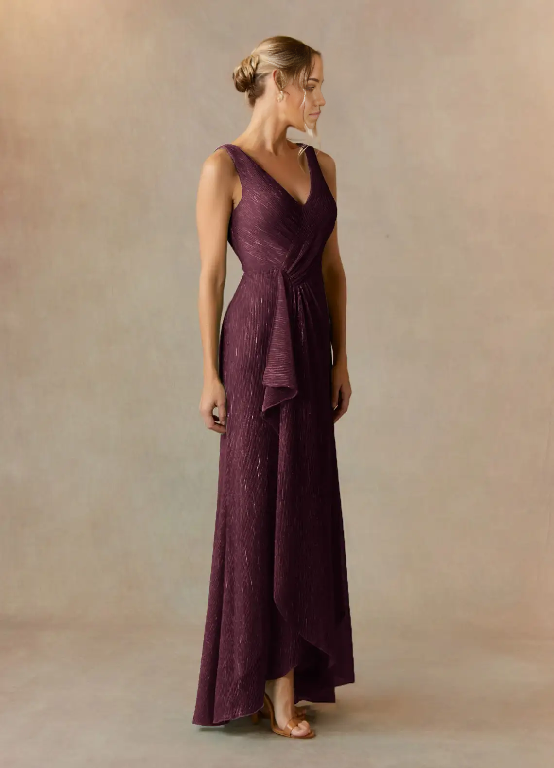 Side view of the elegant mulberry mother of the bride gown.