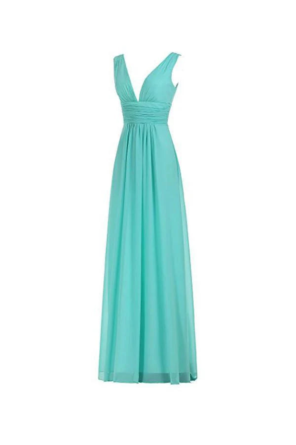 Back view of the elegant V-neck ruched gown, showcasing its silhouette.