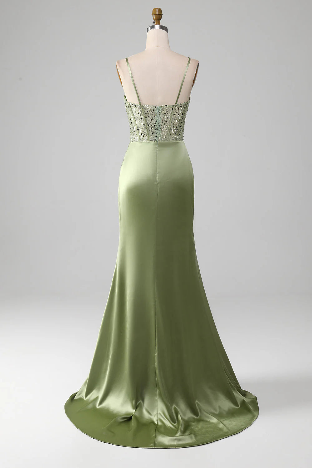 Back view of sage mermaid prom dress.