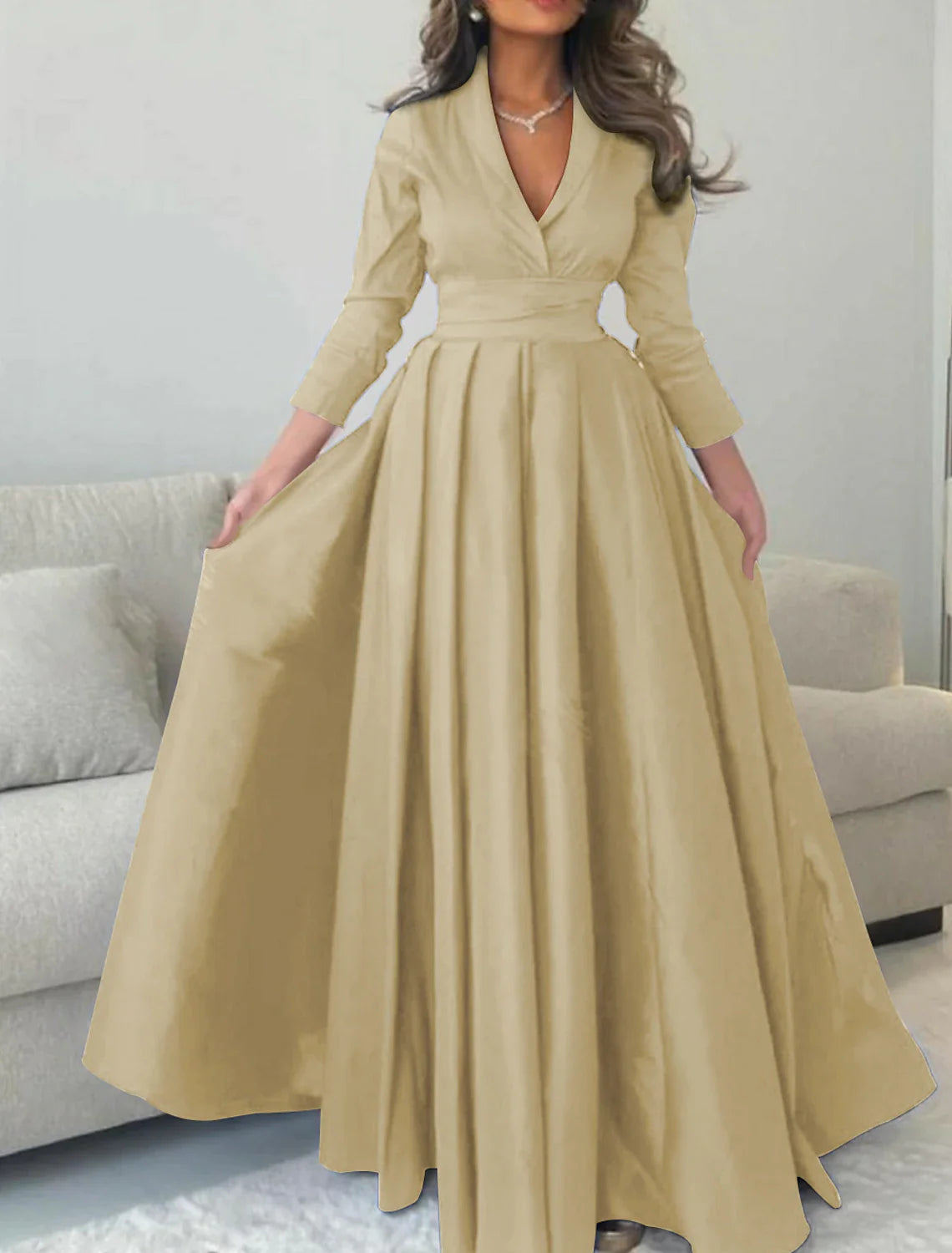 Vibrant red satin A-line evening gown with V-neck and 3/4 sleeves.
