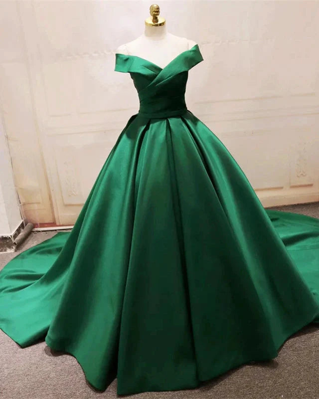 Green A-line satin off-shoulder ball gown.