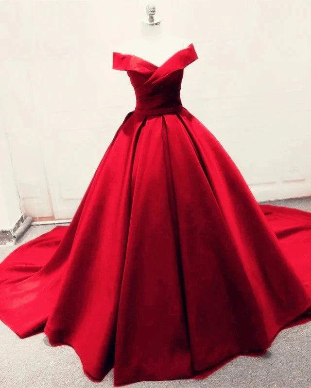 Red A-line satin off-shoulder ball gown.