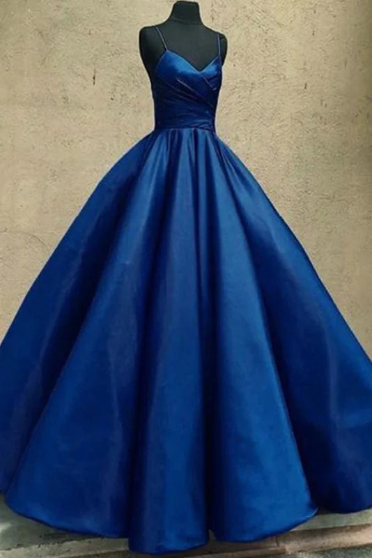 Elegant satin ball gown with spaghetti straps, floor length, suitable for quinceanera.