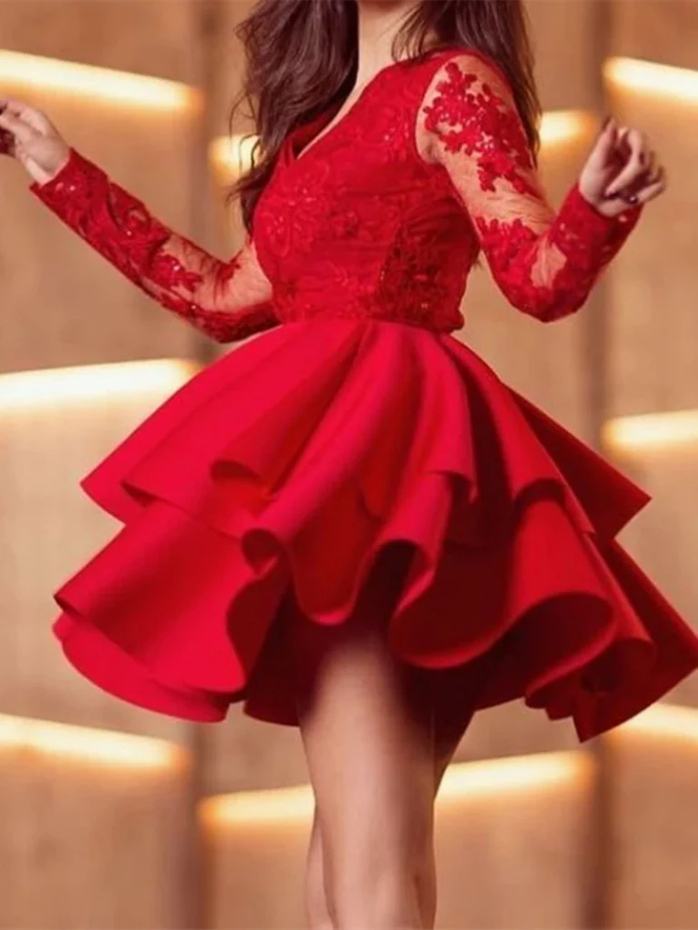 Elegant A-line V-neck short dress with satin and lace details, perfect for prom or homecoming.