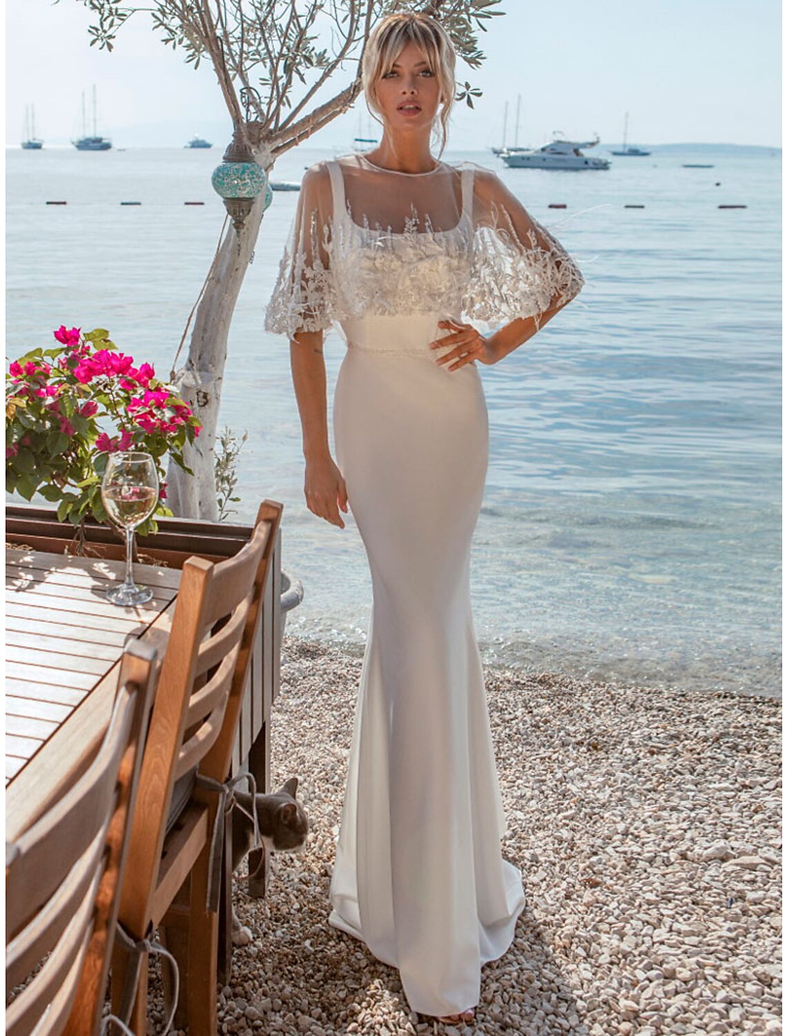 Elegant satin mermaid wedding dress with square neck.