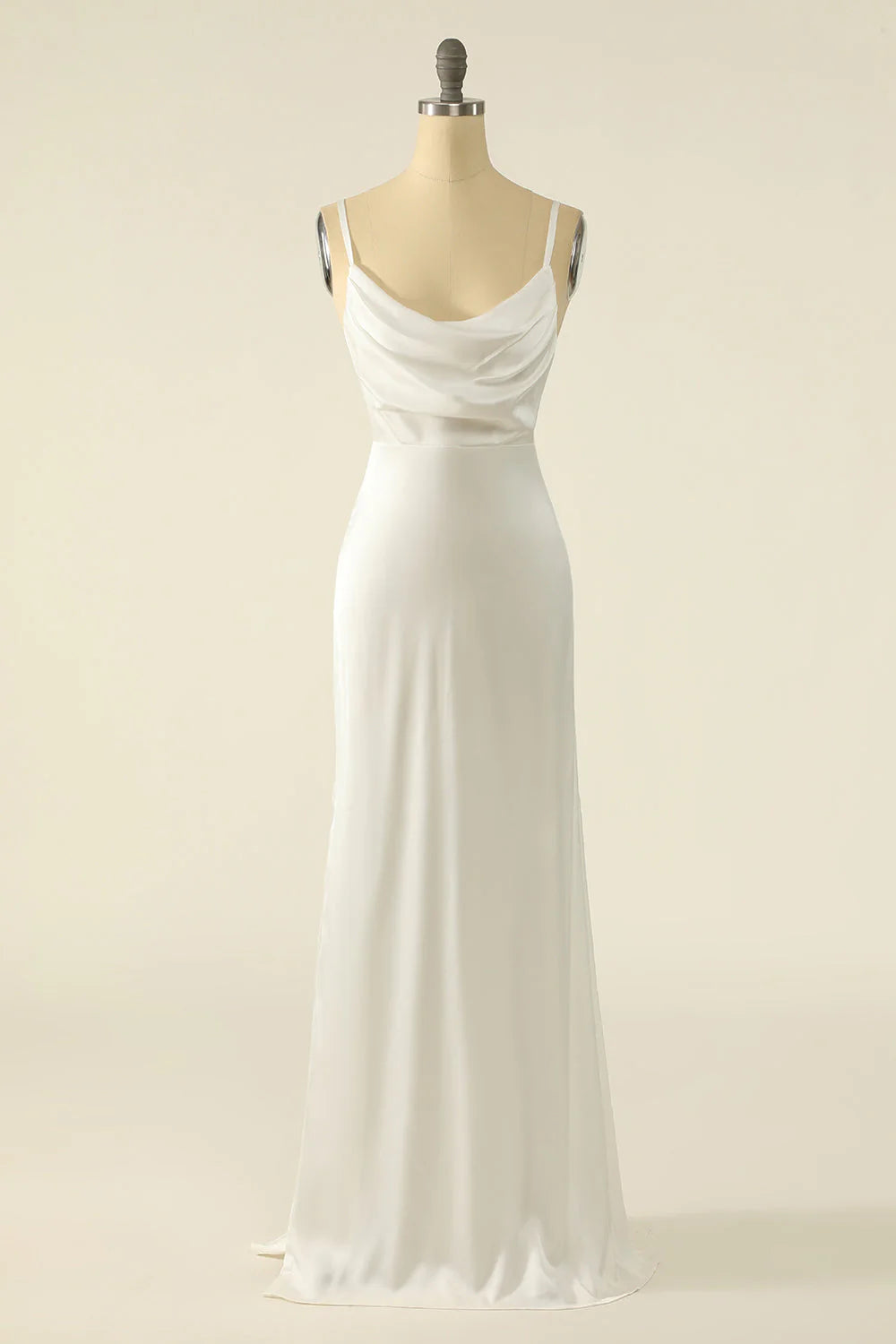 Front view of an elegant ivory satin V-neck A-line wedding dress.