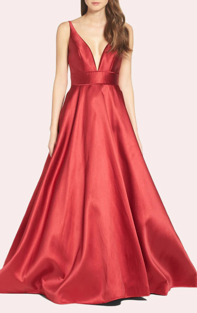 Elegant satin V-neck ball gown with spaghetti straps.
