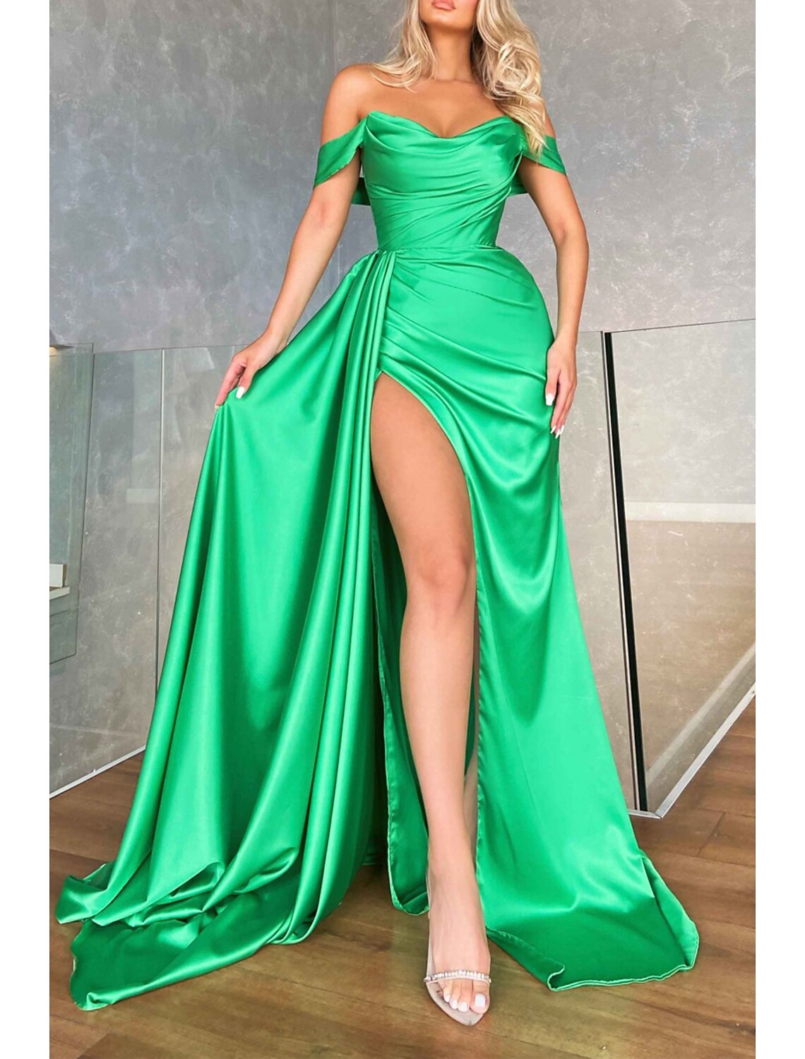 Back view of the mermaid prom dress showing the sweep train.