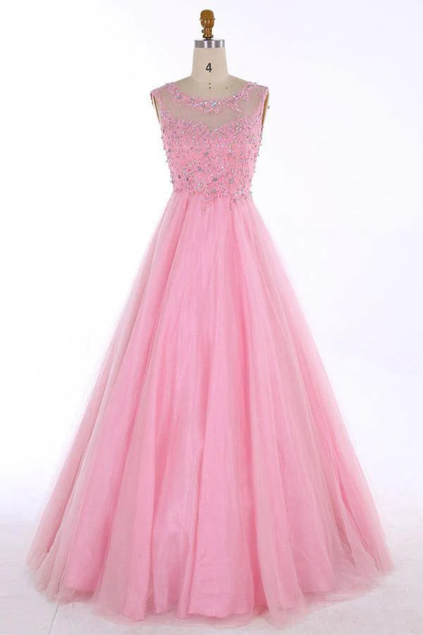 Elegant floor-length prom dress with scoop neckline, backless design, and intricate beading appliques.