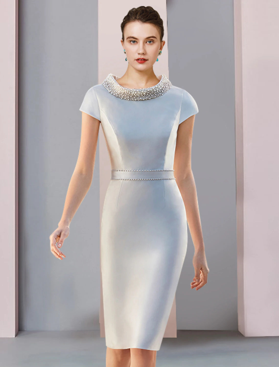 Elegant satin Mother of the Bride dress with scoop neck, 3/4 sleeves, and bow details.