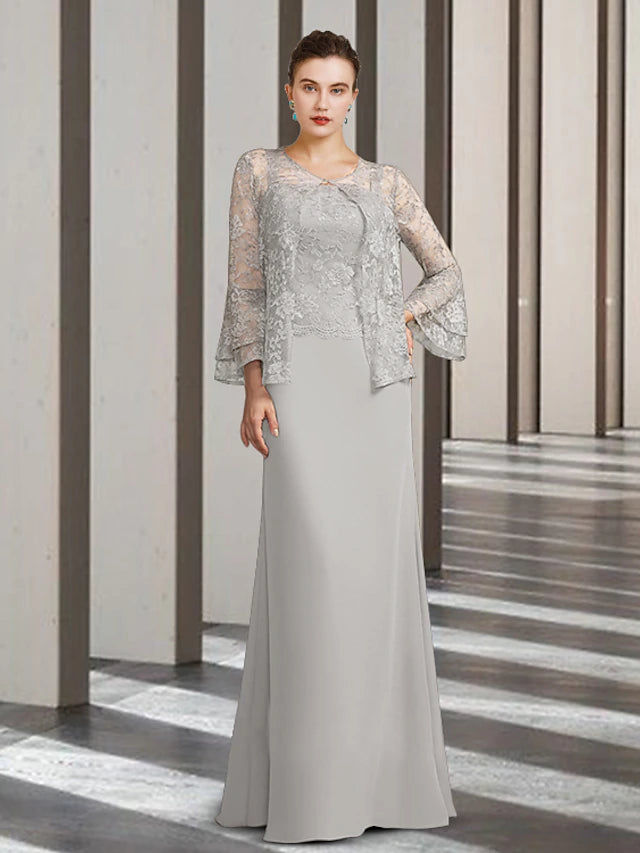 Elegant two-piece mother of the bride dress with scoop neck and lace appliques.