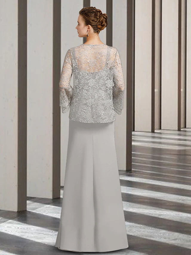 Floor-length sheath gown featuring chiffon and delicate appliques.