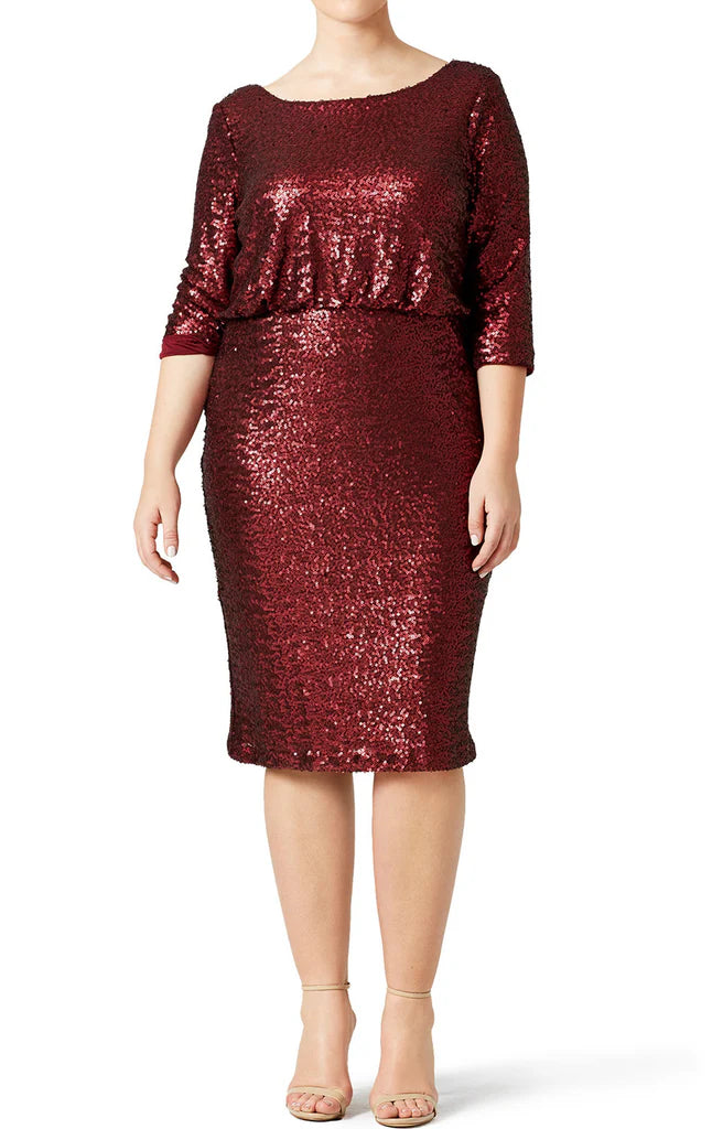 Side profile of the short sequin A-line Mother of the Bride dress, highlighting the silhouette and sleeve length.