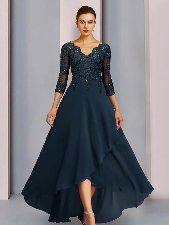 Elegant Sheath Mother of the Bride dress with V-neck, 3/4 sleeves, sequin lace, and asymmetrical hem.