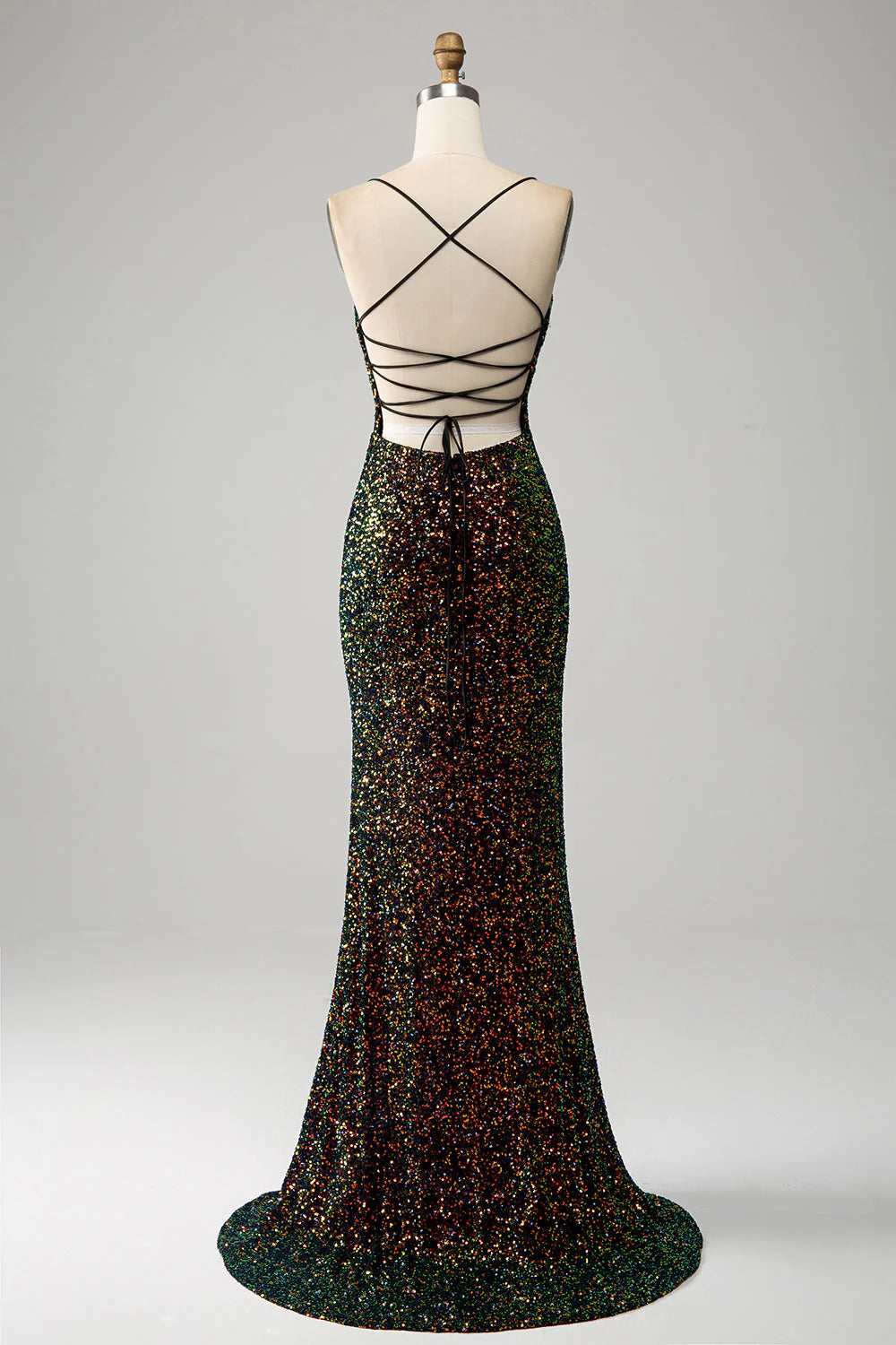 Side view of the black sequin mermaid dress, highlighting the elegant silhouette.