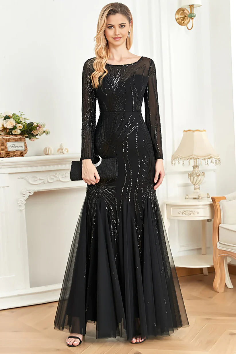 Elegant mermaid sequin V-neck long sleeve dress for mother of the bride.
