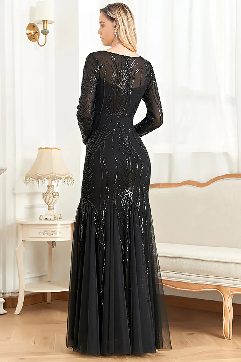 Side view of a sparkling mermaid sequin formal gown.