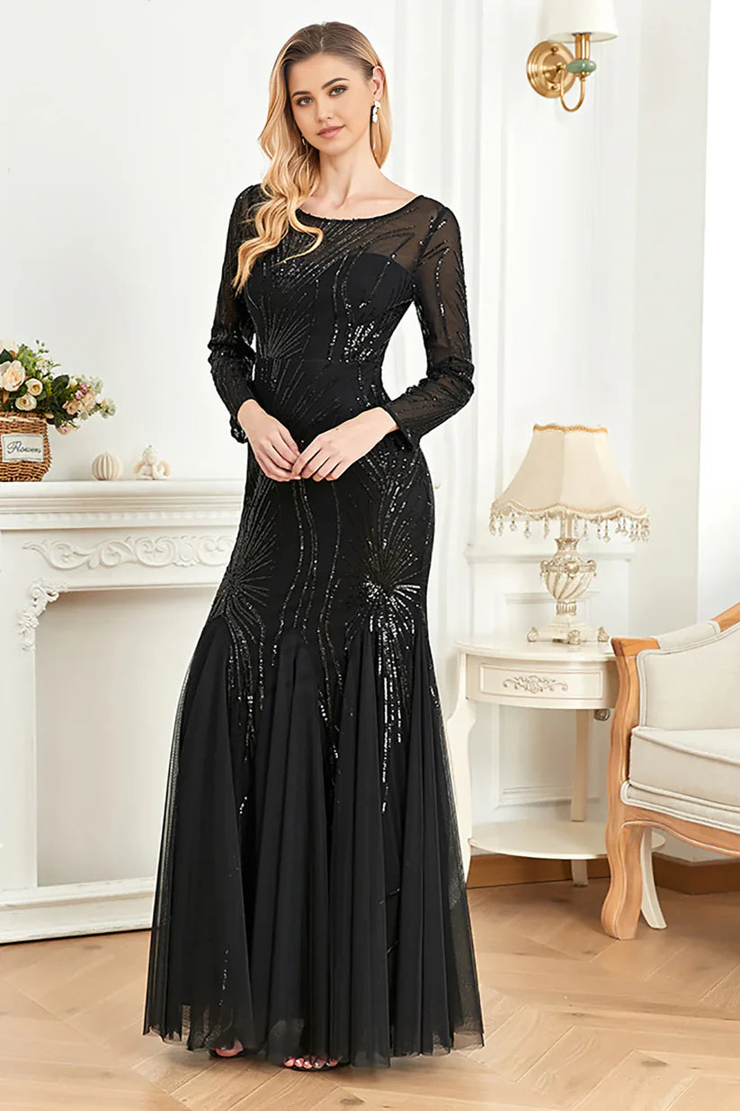 Close-up of sequin details and long sleeves on a formal dress.