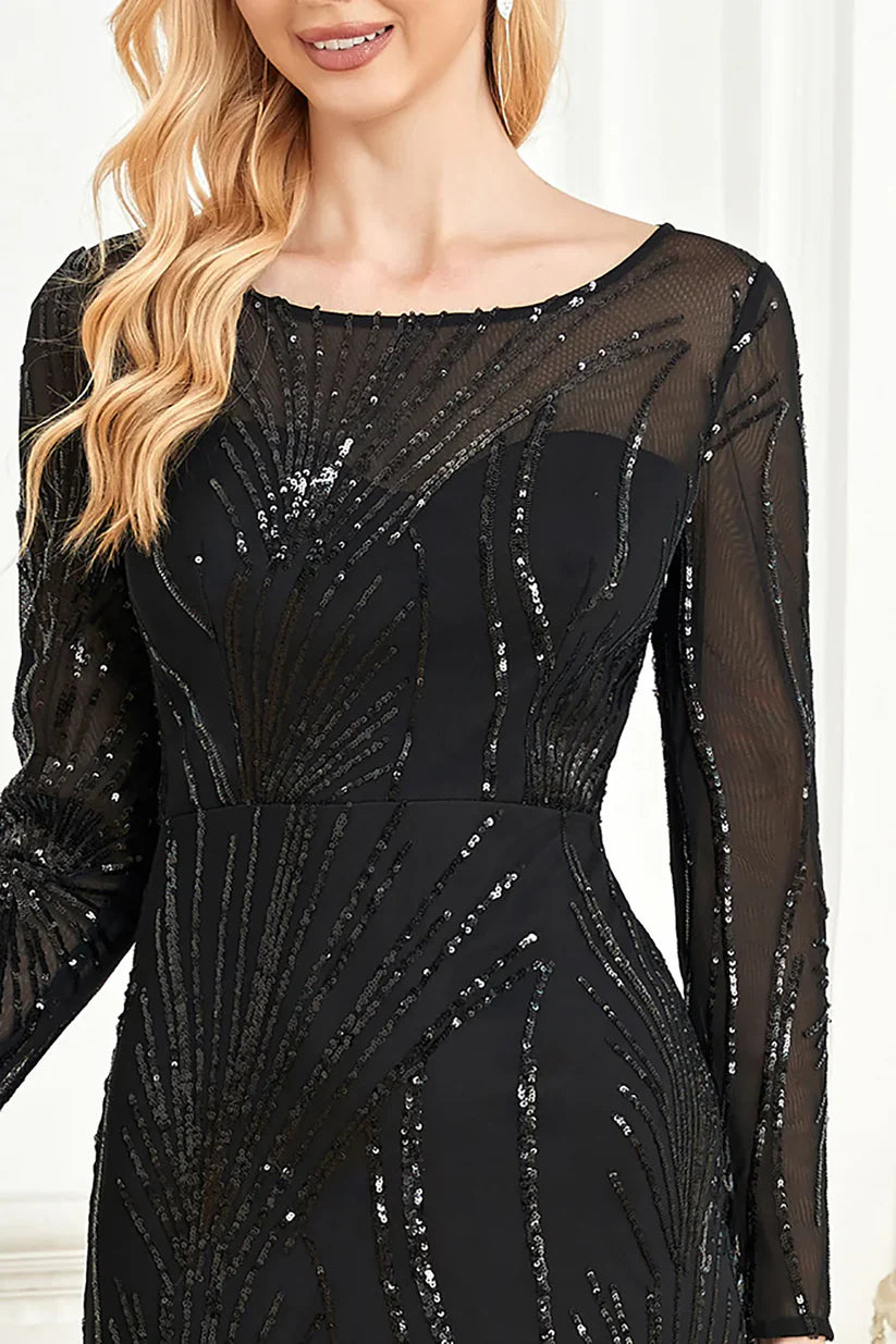 Full-length view of the mermaid silhouette sequin dress.