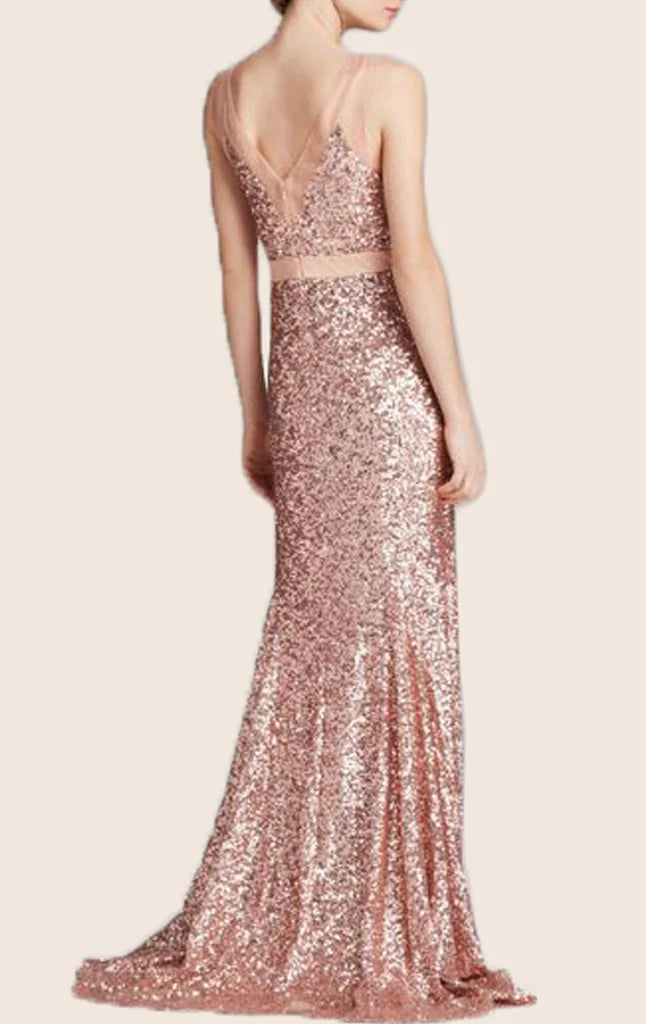 Back view of a model in the glamorous sequin mermaid formal evening dress.