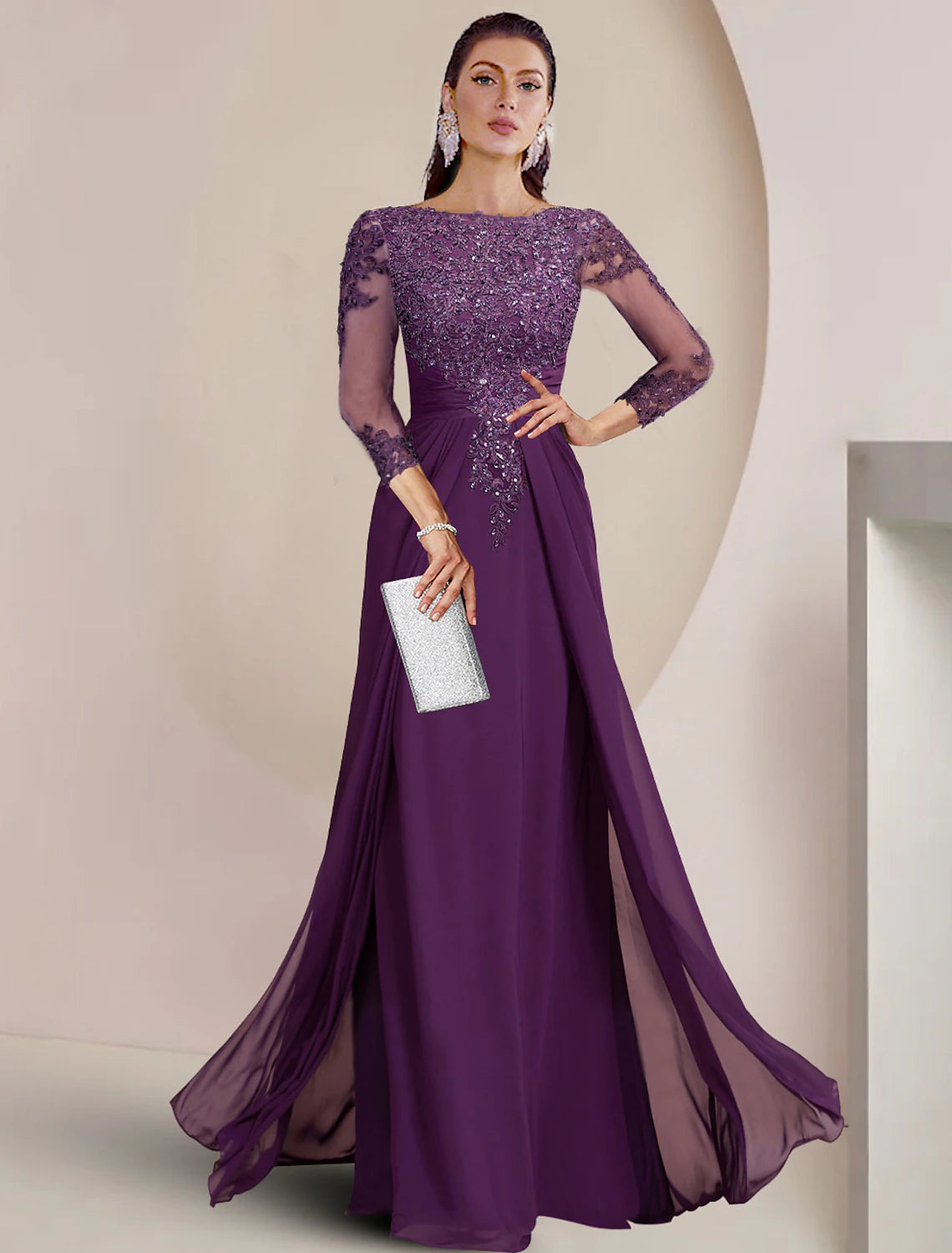 Elegant sequin sheath Mother of the Bride gown with scoop neck and 3/4 sleeves.
