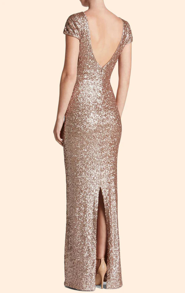 Side view of shimmering sequin bridesmaid gown.
