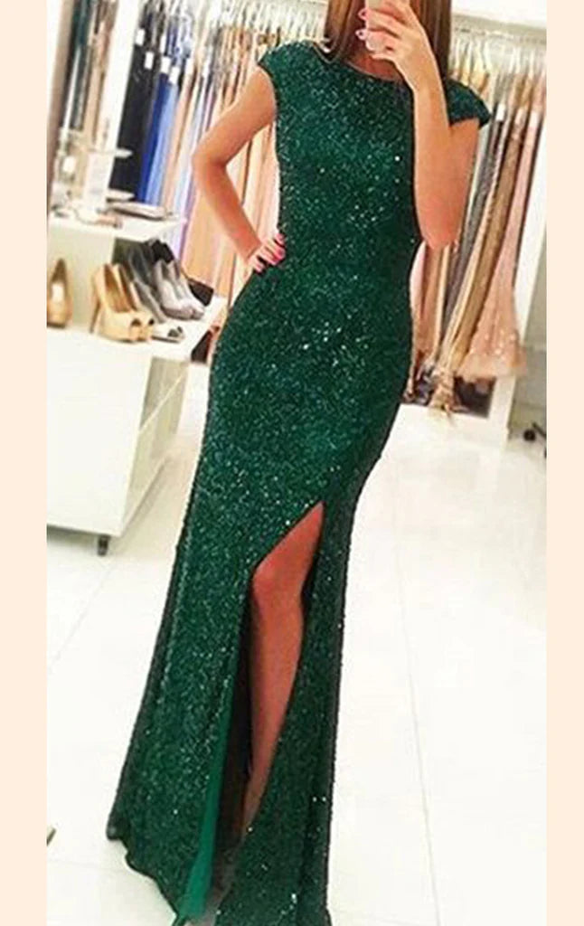 Elegant sequin V-neck cap sleeve maxi prom gown.