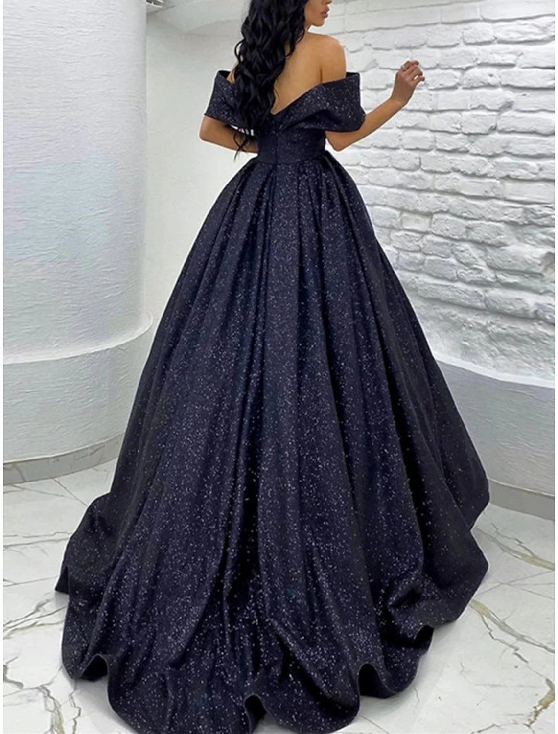 Another angle of the shimmering A-line formal dress.