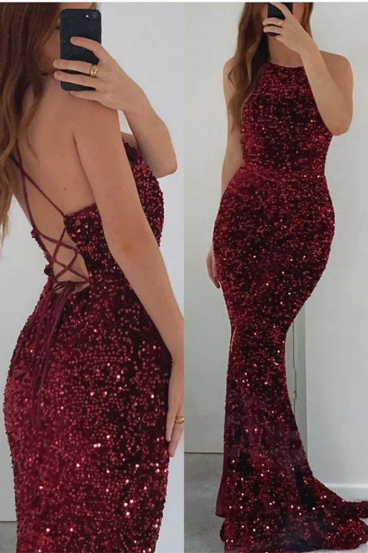 Elegant mermaid prom dress with shimmering sequins.