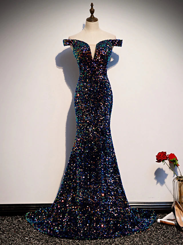 Elegant sequined mermaid trumpet gown with off-shoulder neckline.