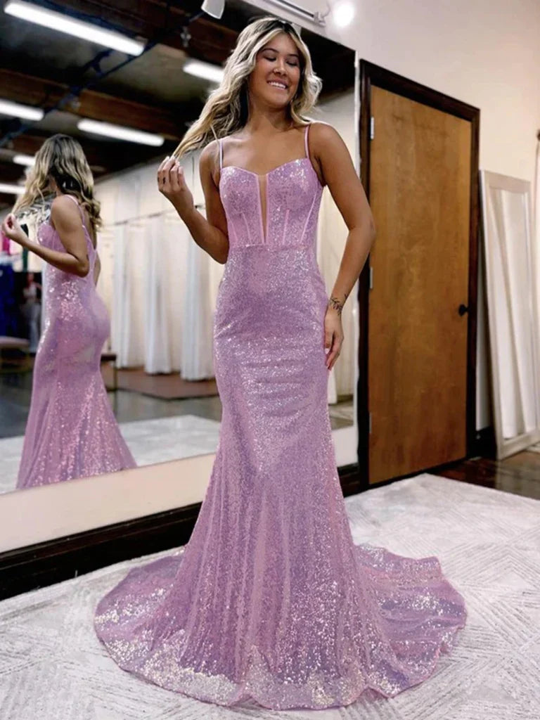 Elegant sequined mermaid V-neck long prom dress, front view.