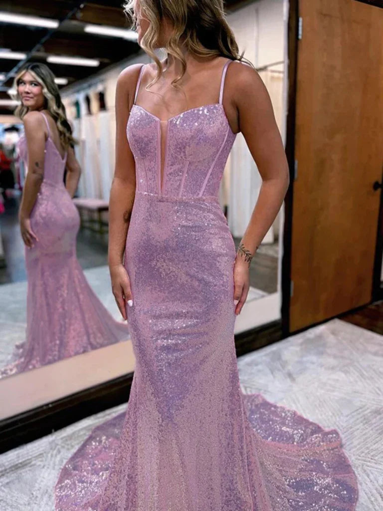 Back view of a dazzling sequined mermaid V-neck long prom dress.