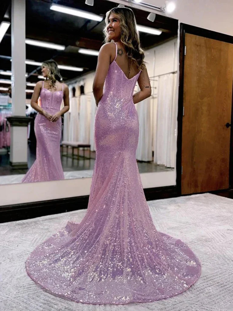 Side view of a glamorous sequined mermaid V-neck long prom dress.