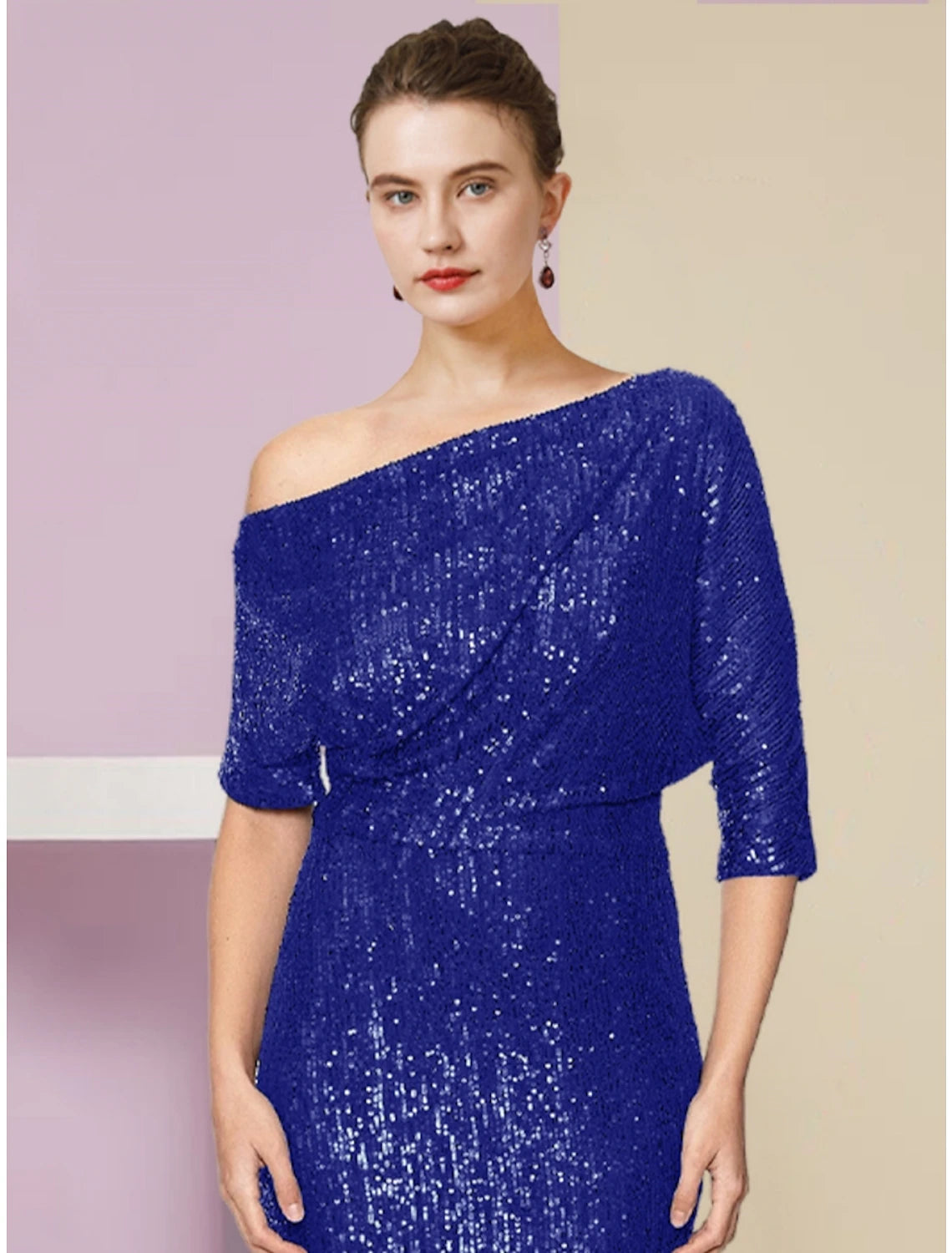 Full length view of the elegant half-sleeve navy blue sequined Mother of the Bride dress.