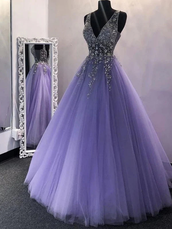 Elegant lilac sequined tulle V-neck long prom dress.