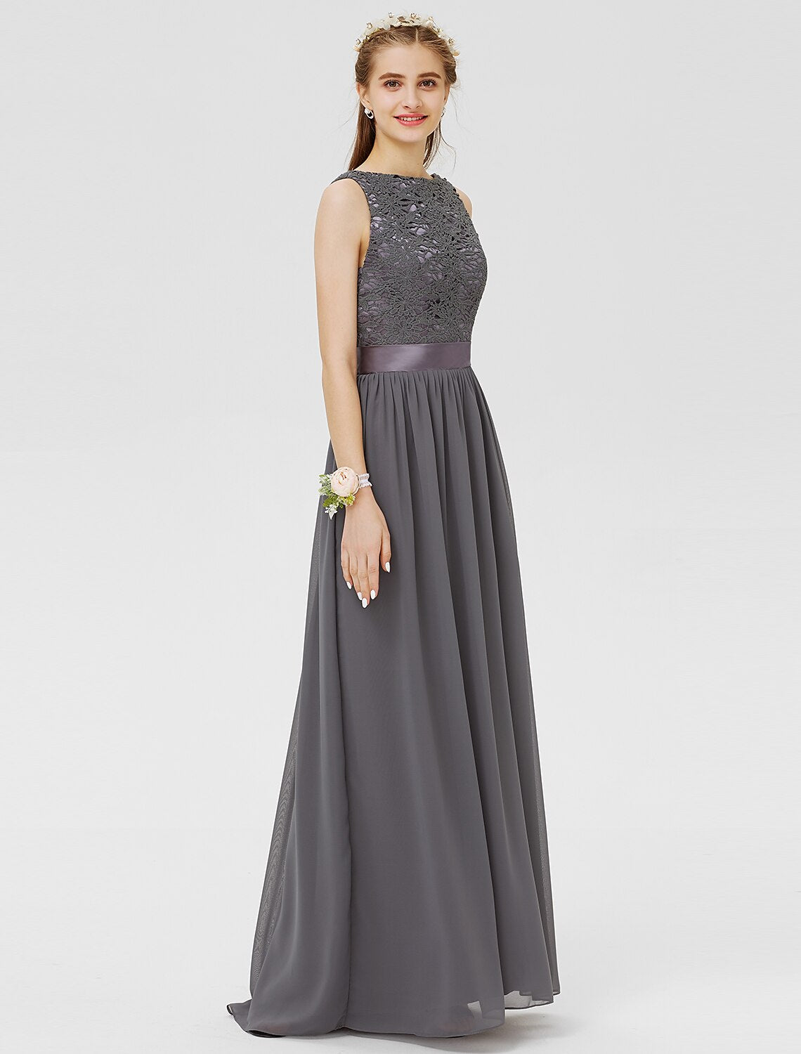 Bridesmaid dress showcasing the flowing chiffon skirt.