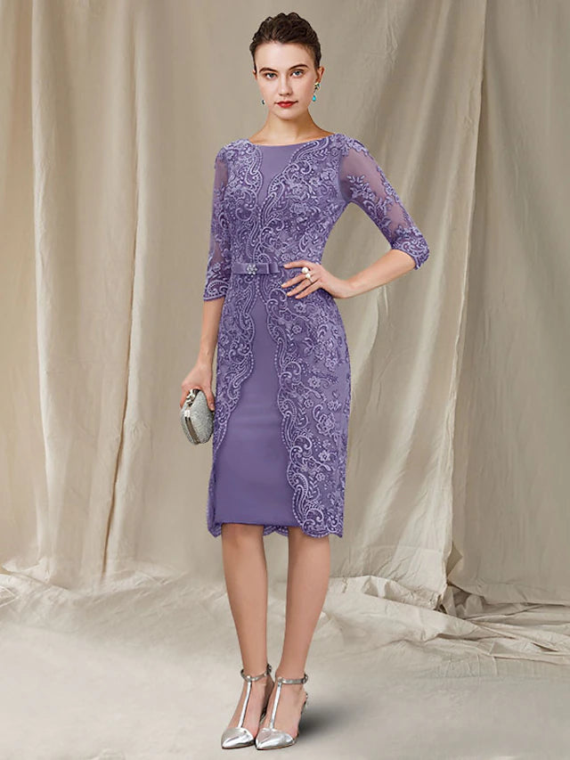 Elegant Mother of the Bride sheath dress with bateau neck, 3/4 lace sleeves, and knee length.