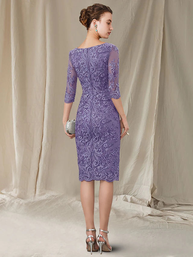 Side view of elegant sheath dress showing 3/4 lace sleeves and bow appliques.