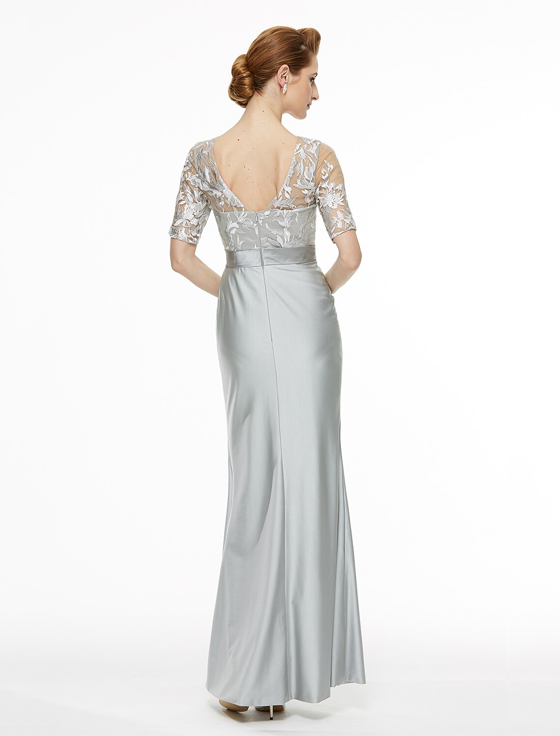 Back view of the sheath mother of the bride dress, showcasing pleats and the ankle length.