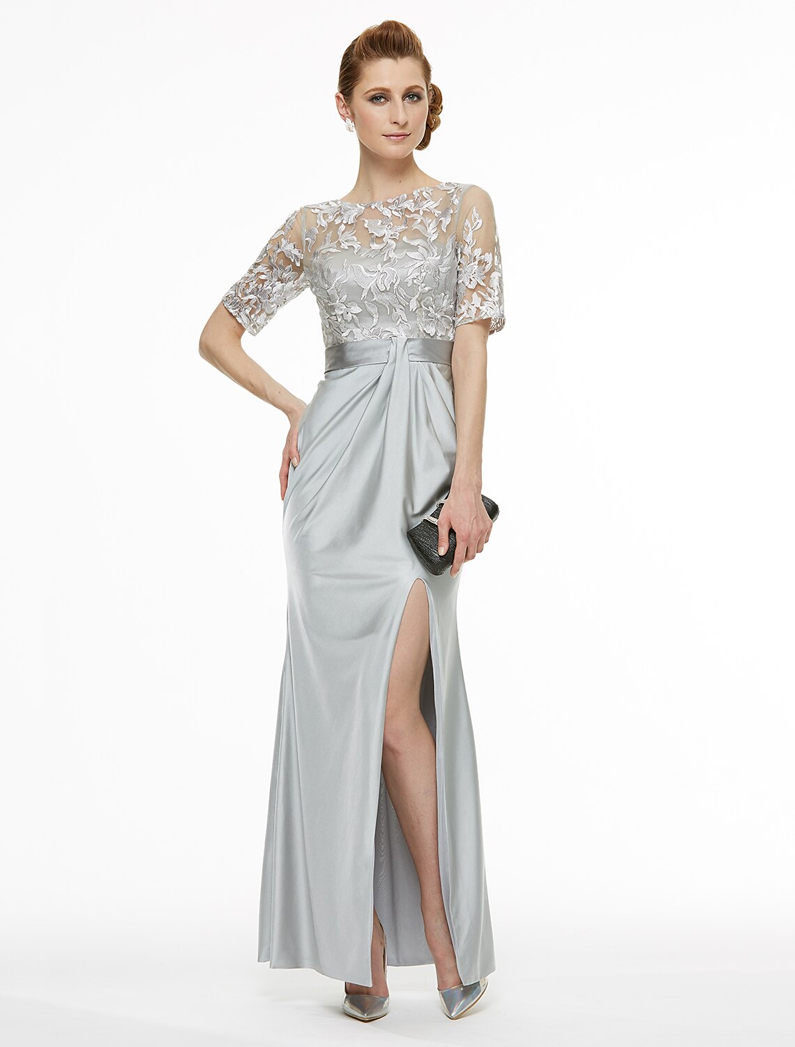 Side profile of the elegant mother of the bride dress, highlighting the sheath silhouette.
