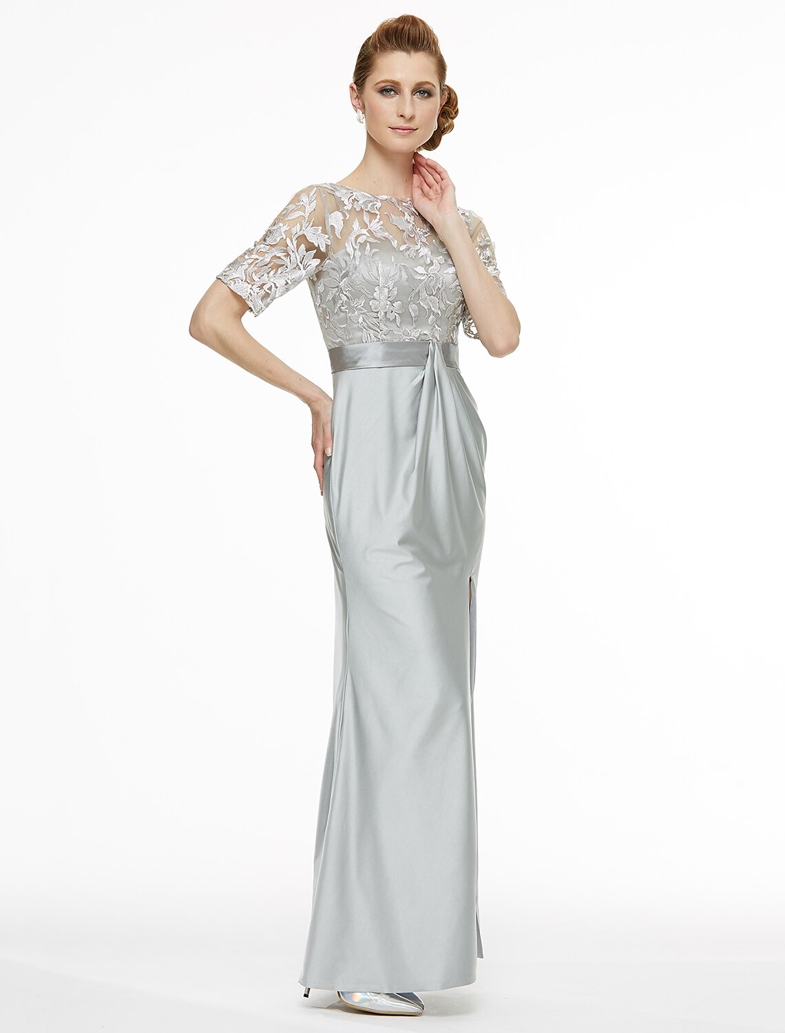 Woman walking in the elegant sheath dress, showing the flow of the fabric.